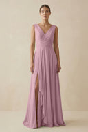 Vintage Mauve V-Neck A-Line Chiffon Ruffled Bridesmaid Dress | KISSBRIDAL