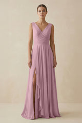 Vintage Mauve V-Neck A-Line Chiffon Ruffled Bridesmaid Dress | KISSBRIDAL
