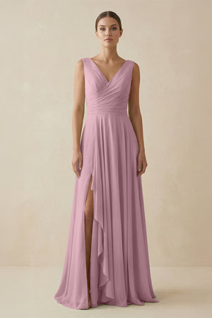 Vintage Mauve V-Neck A-Line Chiffon Ruffled Bridesmaid Dress | KISSBRIDAL