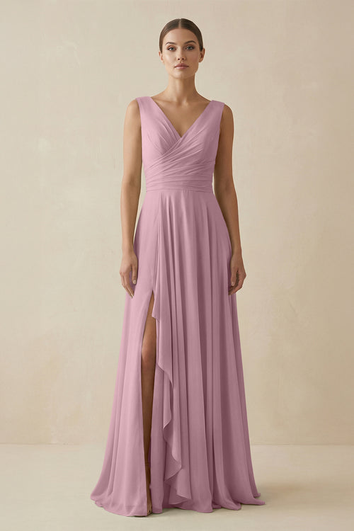 Vintage Mauve V-Neck A-Line Chiffon Ruffled Bridesmaid Dress | KISSBRIDAL