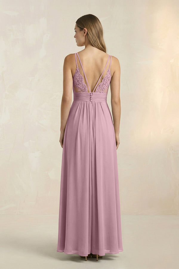 Vintage Mauve V-Neck A-Line Pleated Chiffon Bridesmaid Dress (2) | KISSBRIDAL