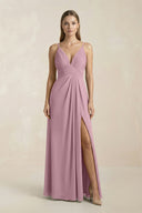 Vintage Mauve V-Neck A-Line Pleated Chiffon Bridesmaid Dress | KISSBRIDAL
