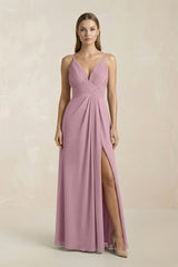 Vintage Mauve V-Neck A-Line Pleated Chiffon Bridesmaid Dress | KISSBRIDAL