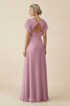 Vintage Mauve V-Neck Cap Sleeve Chiffon Bridesmaid Dress with Cut-out Back (2) | KISSBRIDAL