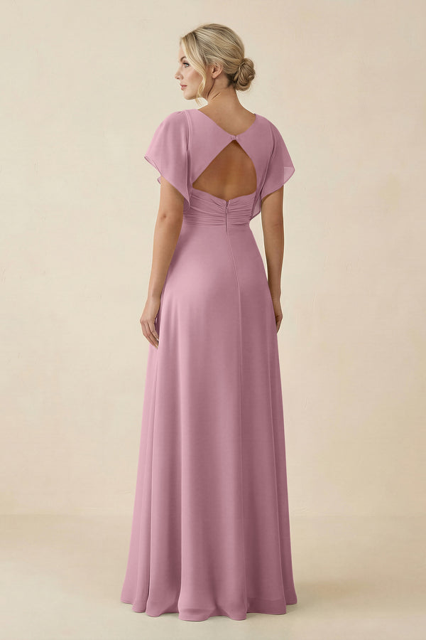 Vintage Mauve V-Neck Cap Sleeve Chiffon Bridesmaid Dress with Cut-out Back (2) | KISSBRIDAL