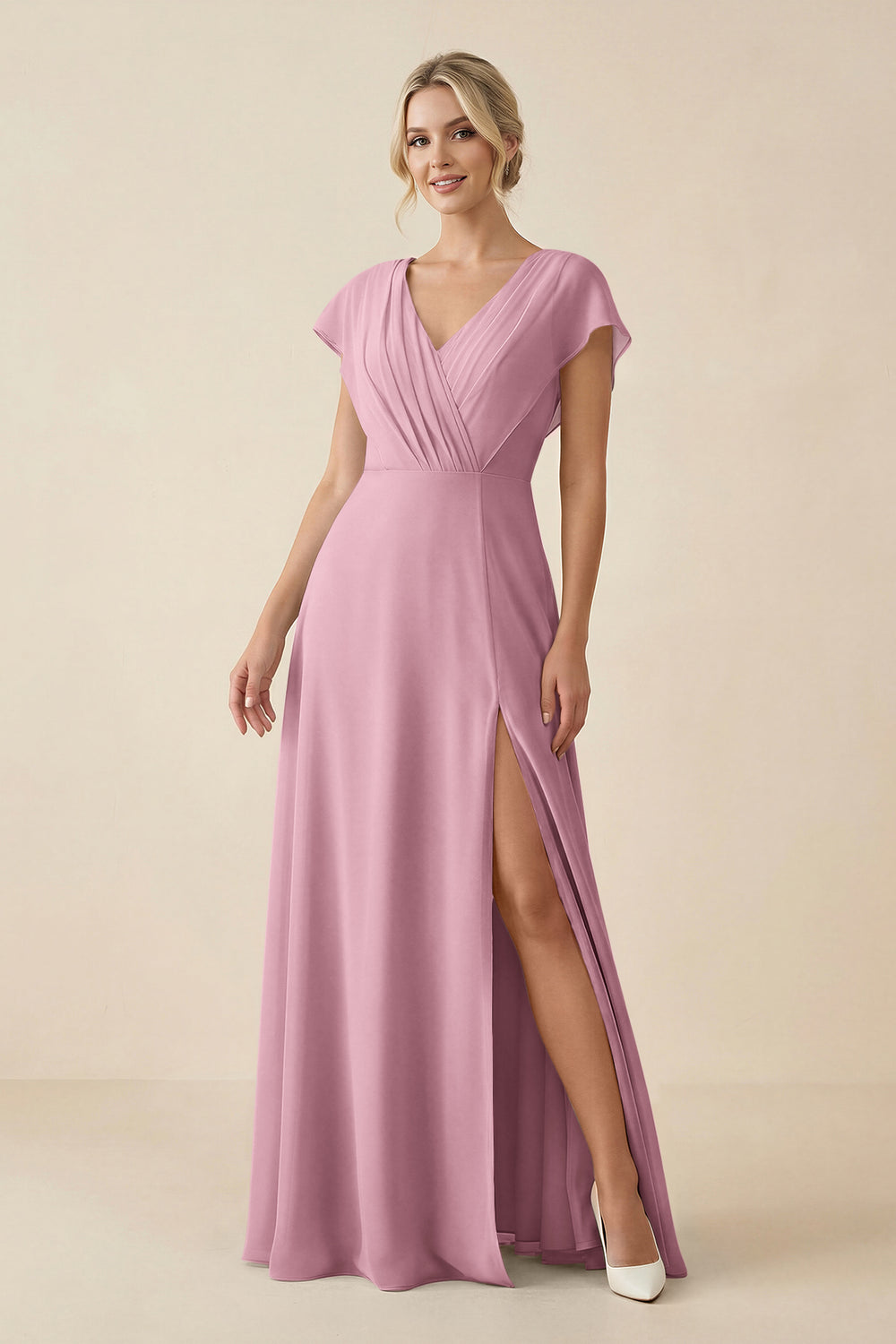 V-Neck Cap Sleeve Chiffon Bridesmaid Dress with Cut-out Back in Vintage Mauve