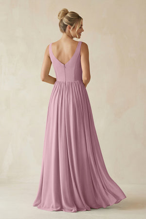 Vintage Mauve V-Neck Chiffon A-Line Long Bridesmaid Dress (2) | KISSBRIDAL