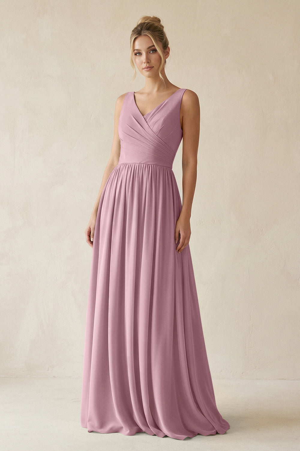 V-Neck Chiffon A-Line Long Bridesmaid Dress in Vintage Mauve