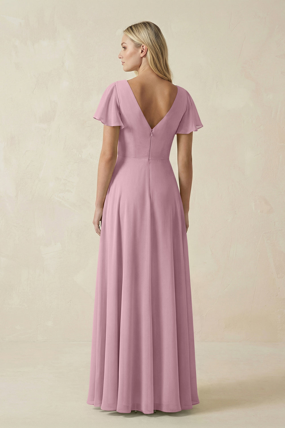 V-Neck Flutter Sleeve A-Line Chiffon Bridesmaid Dress in Vintage Mauve