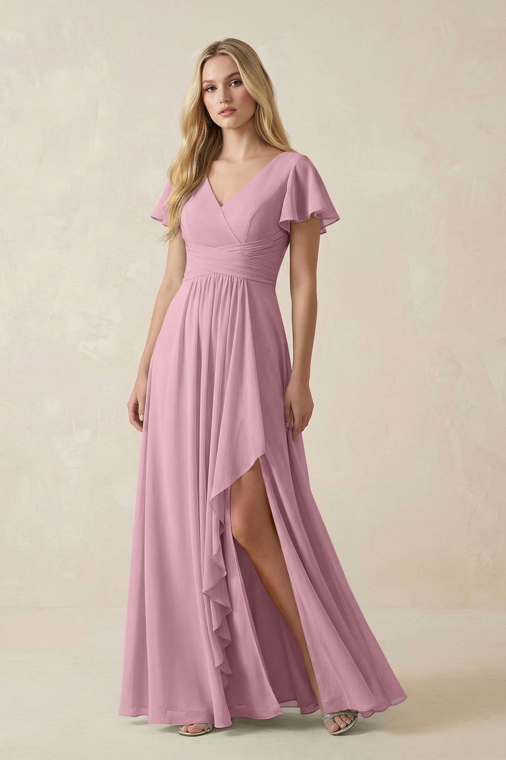 V-Neck Flutter Sleeve A-Line Chiffon Bridesmaid Dress in Vintage Mauve