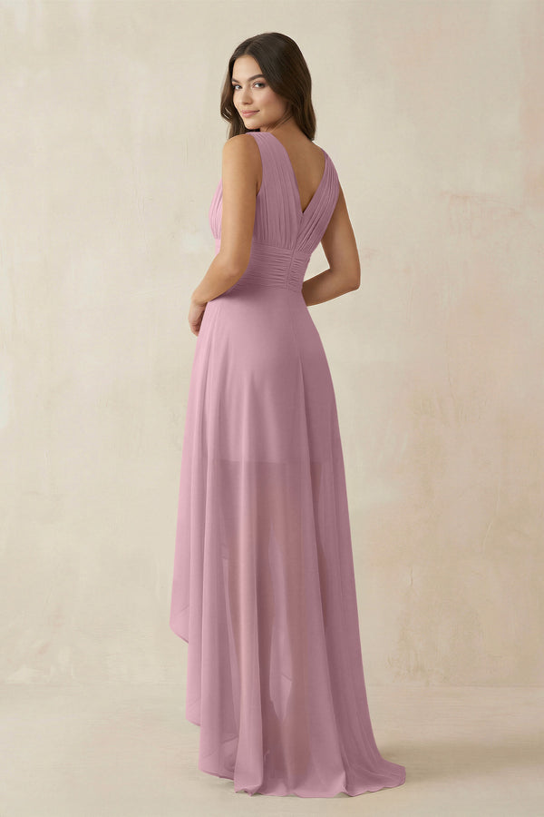 Vintage Mauve V-Neck High-Low Chiffon Bridesmaid Dress (2) | KISSBRIDAL