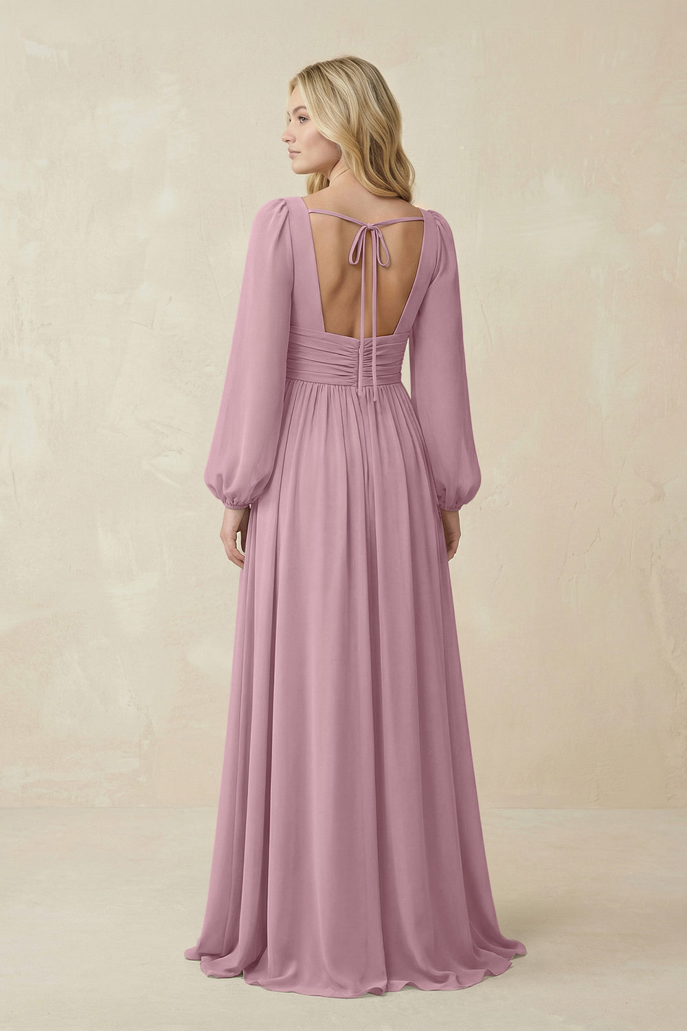 V-Neck Long Sleeve A-Line Chiffon Bridesmaid Dress in Vintage Mauve