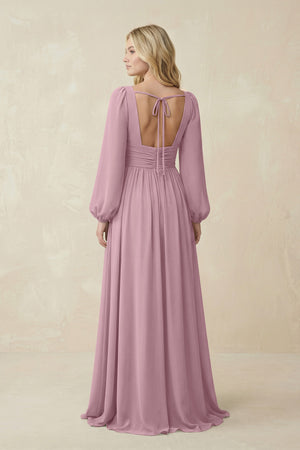 Vintage Mauve V-Neck Long Sleeve A-Line Chiffon Bridesmaid Dress (2) | KISSBRIDAL