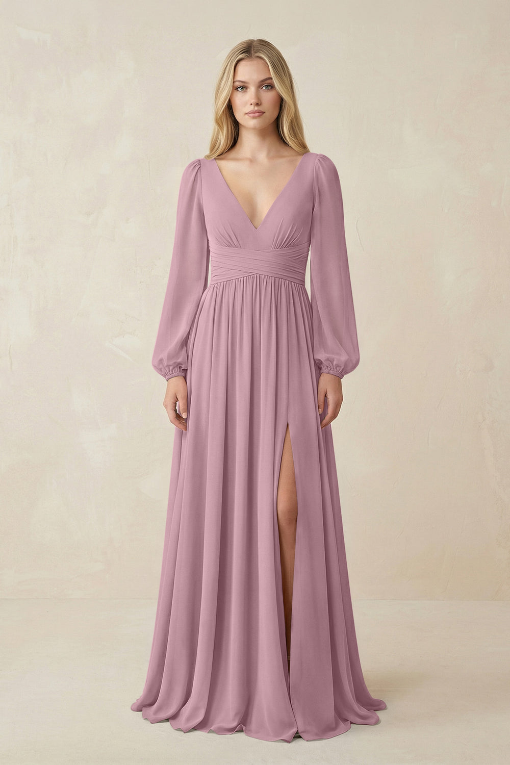 V-Neck Long Sleeve A-Line Chiffon Bridesmaid Dress in Vintage Mauve