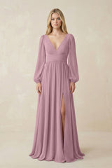 Vintage Mauve V-Neck Long Sleeve A-Line Chiffon Bridesmaid Dress | KISSBRIDAL