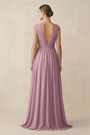Vintage Mauve V-Neck Pleated A-Line Chiffon Bridesmaid Dress (2) | KISSBRIDAL