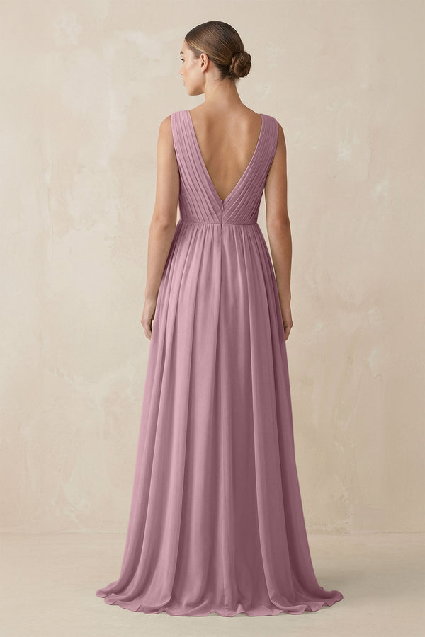 Vintage Mauve V-Neck Pleated A-Line Chiffon Bridesmaid Dress (2) | KISSBRIDAL