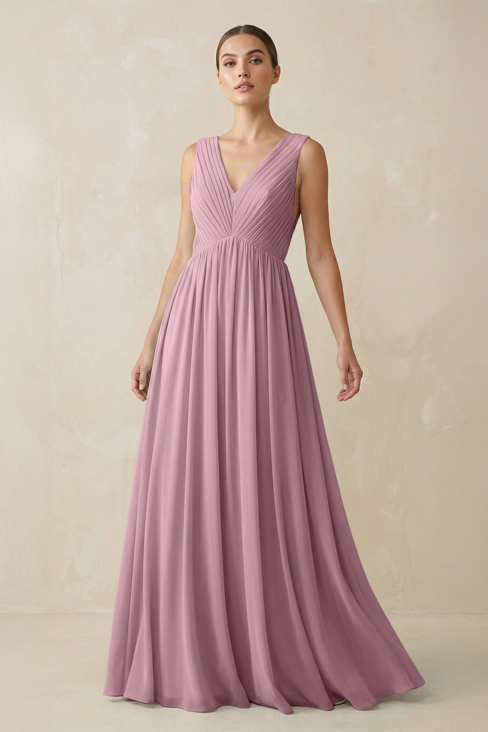V-Neck Pleated A-Line Chiffon Bridesmaid Dress in Vintage Mauve
