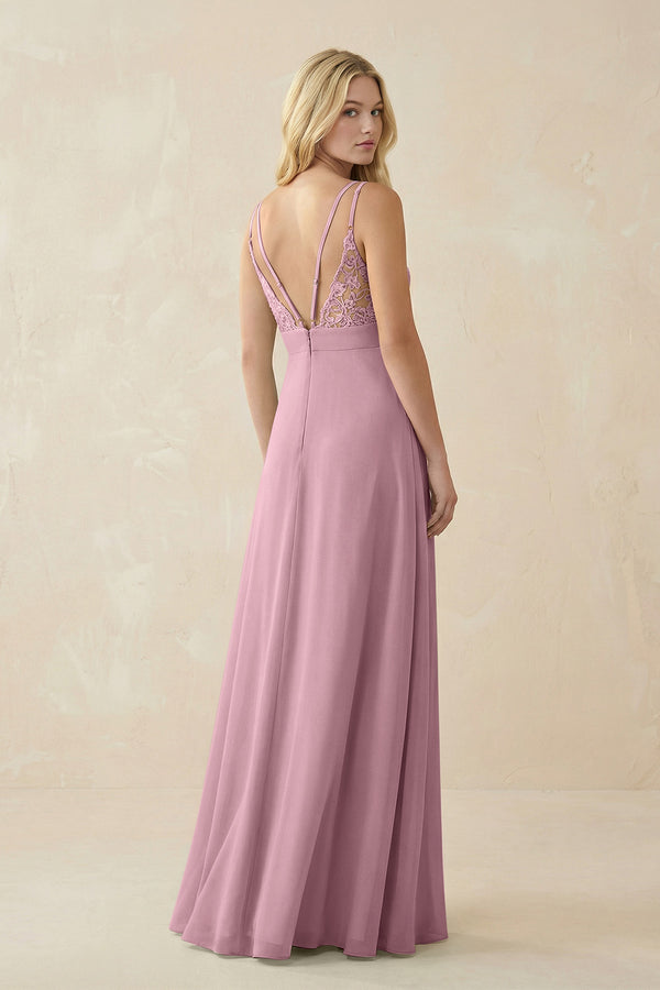 Vintage Mauve V-Neck Ruched Chiffon Bridesmaid Dress with Slit (2) | KISSBRIDAL