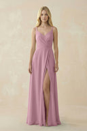 Vintage Mauve V-Neck Ruched Chiffon Bridesmaid Dress with Slit | KISSBRIDAL