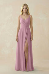 Vintage Mauve V-Neck Ruched Chiffon Bridesmaid Dress with Slit | KISSBRIDAL