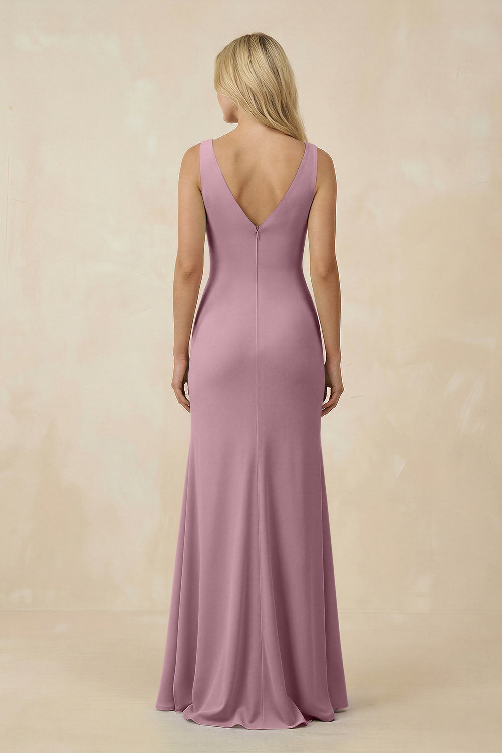 V-Neck Ruched Sheath Bridesmaid Dress with Slit in Vintage Mauve