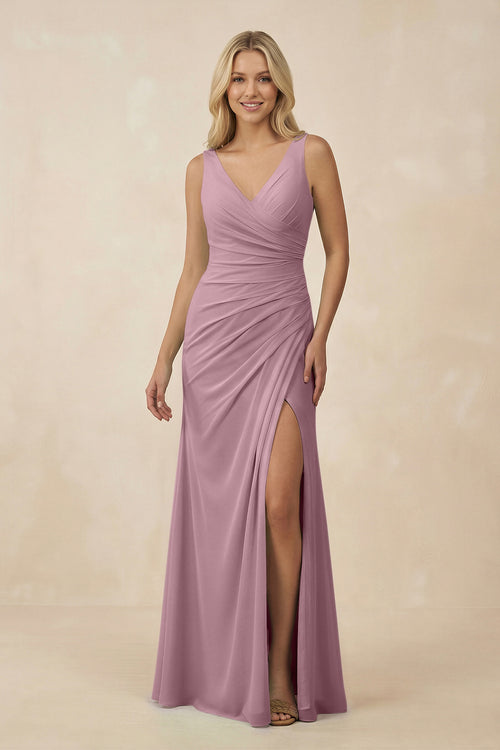 Vintage Mauve V-Neck Ruched Sheath Bridesmaid Dress with Slit | KISSBRIDAL