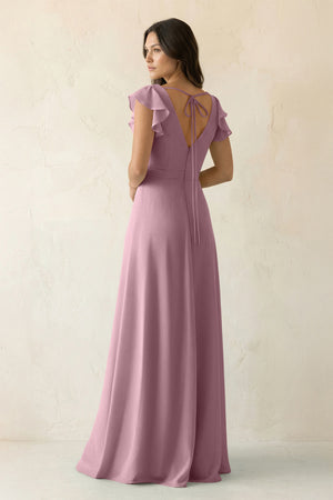 Vintage Mauve V-Neck Ruffled A-Line Chiffon Bridesmaid Dress (2) | KISSBRIDAL