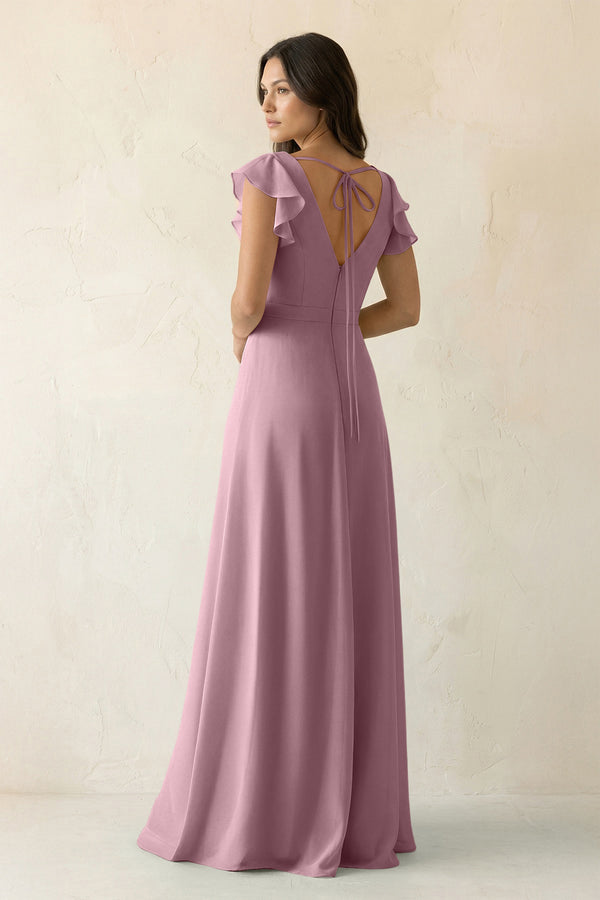 Vintage Mauve V-Neck Ruffled A-Line Chiffon Bridesmaid Dress (2) | KISSBRIDAL