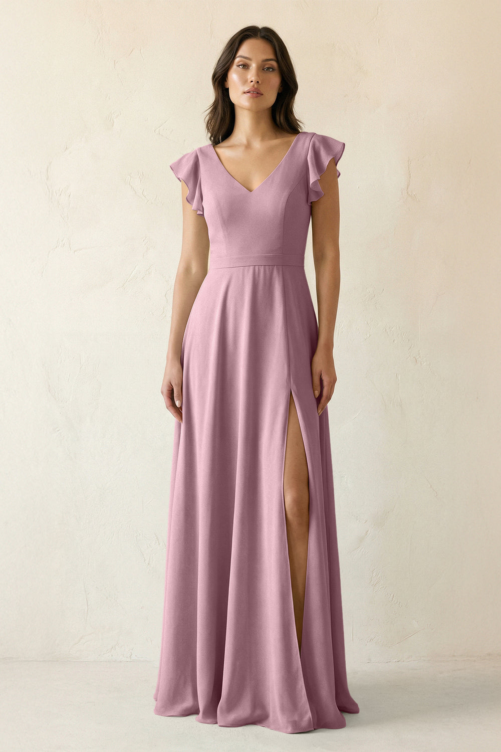 V-Neck Ruffled A-Line Chiffon Bridesmaid Dress in Vintage Mauve
