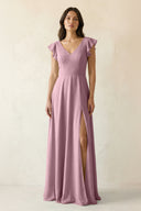 Vintage Mauve V-Neck Ruffled A-Line Chiffon Bridesmaid Dress | KISSBRIDAL