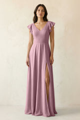 Vintage Mauve V-Neck Ruffled A-Line Chiffon Bridesmaid Dress | KISSBRIDAL
