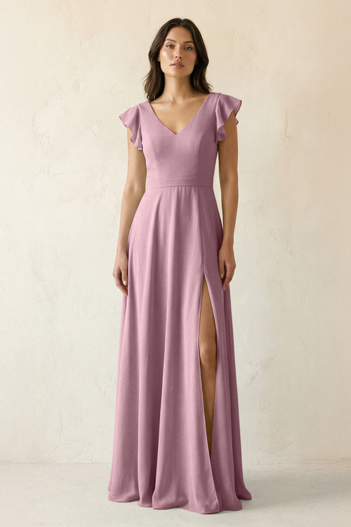 Vintage Mauve V-Neck Ruffled A-Line Chiffon Bridesmaid Dress | KISSBRIDAL