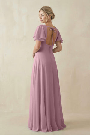 Vintage Mauve V-Neck Ruffled Short Sleeves A-Line Bridesmaid Dress (2) | KISSBRIDAL