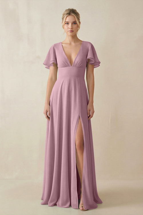 Vintage Mauve V-Neck Ruffled Short Sleeves A-Line Bridesmaid Dress | KISSBRIDAL