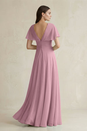 Vintage Mauve V-Neck Ruffled Sleeve A-Line Chiffon Bridesmaid Dress (2) | KISSBRIDAL