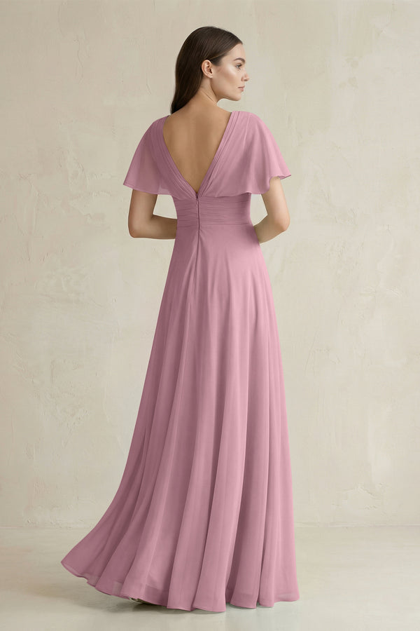 Vintage Mauve V-Neck Ruffled Sleeve A-Line Chiffon Bridesmaid Dress (2) | KISSBRIDAL