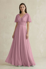 Vintage Mauve V-Neck Ruffled Sleeve A-Line Chiffon Bridesmaid Dress | KISSBRIDAL