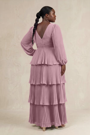 Vintage Mauve V-Neck Tiered A-Line Long Sleeve Bridesmaid Dress (2) [sizeplus] | KISSBRIDAL