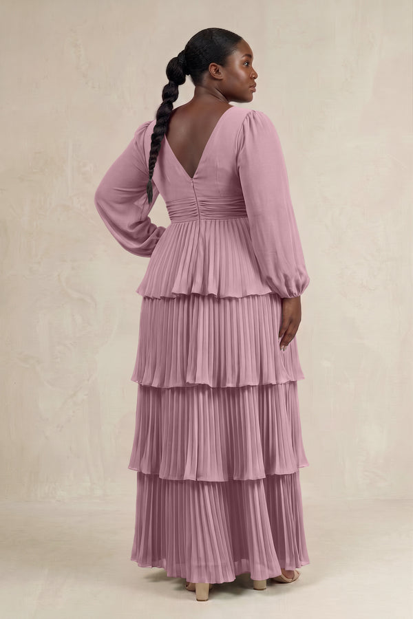 Vintage Mauve V-Neck Tiered A-Line Long Sleeve Bridesmaid Dress (2) [sizeplus] | KISSBRIDAL