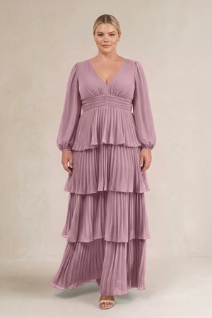 Vintage Mauve V-Neck Tiered A-Line Long Sleeve Bridesmaid Dress (3) [sizeplus] | KISSBRIDAL