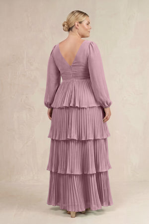 Vintage Mauve V-Neck Tiered A-Line Long Sleeve Bridesmaid Dress (4) [sizeplus] | KISSBRIDAL