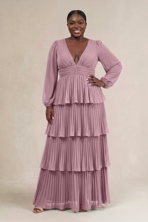 Vintage Mauve V-Neck Tiered A-Line Long Sleeve Bridesmaid Dress [sizeplus] | KISSBRIDAL
