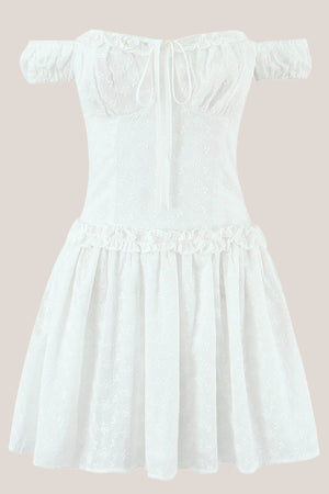 Vintage Off - the - shoulder A - Line Cotton Mini Dress in White - SHE IS ME Dresses