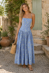 Vintage Rose Printed A - Line Cotton Midi Dress in Blue - KISS BRIDAL Dresses