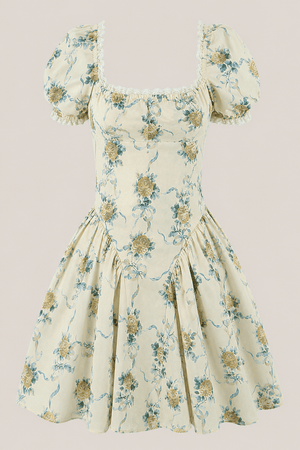 Vintage Rose Printed Cotton Mini Dress With Sleeves in Yellow - SHE IS ME Dresses