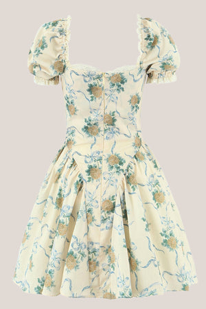 Vintage Rose Printed Cotton Mini Dress With Sleeves in Yellow - SHE IS ME Dresses