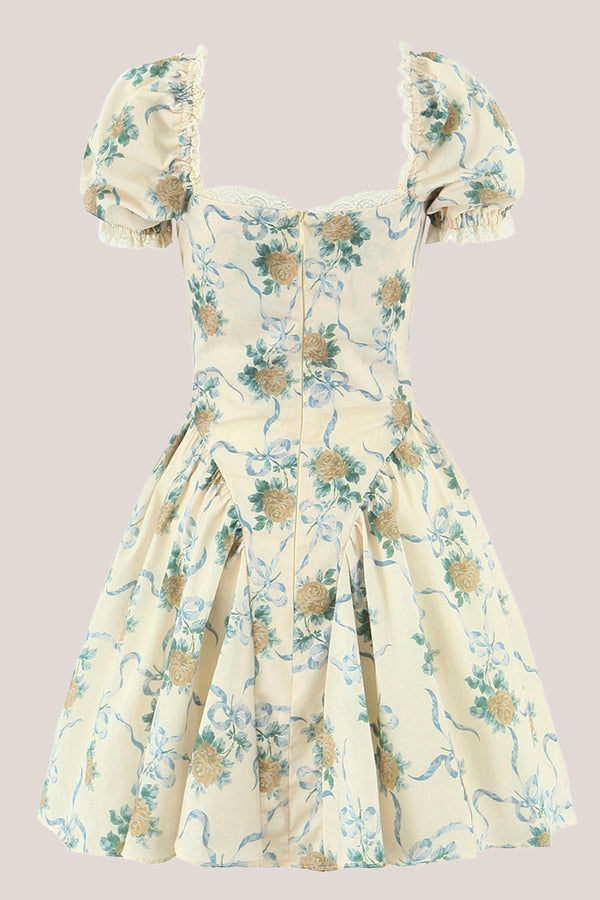 Vintage Rose Printed Cotton Mini Dress With Sleeves in Yellow - SHE IS ME Dresses