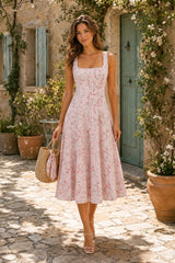 Vintage Rose Printed Square Neck A - Line Cotton Midi Dress in Pink - KISS BRIDAL Dresses