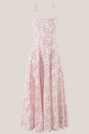 Vintage Rose Printed Square Neck A - Line Cotton Midi Dress in Pink - SHE IS ME Dresses